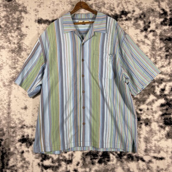 Tommy Bahama Shirt Mens Size Extra Large 100% Silk Striped Collared Casual - Picture 1 of 13